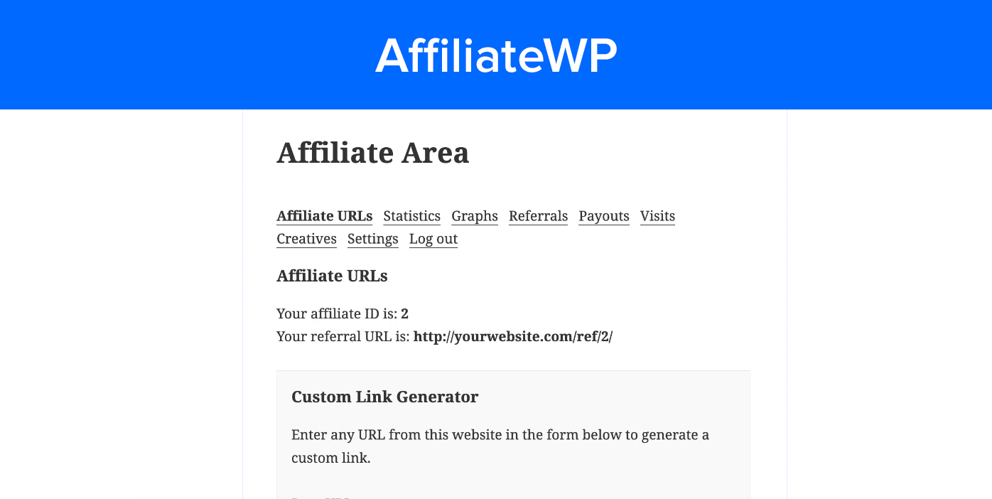 Wordpress AffiliateWP Affiliate Area.